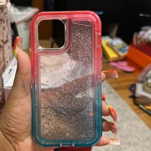 Pink and turquoise iPhone 12 Pro Maxx glitter case never used